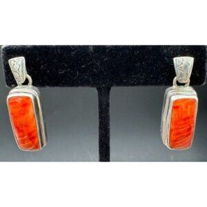 Signed Sterling Silver and Spiny Oyster Rectangle Dangle Post Earrings